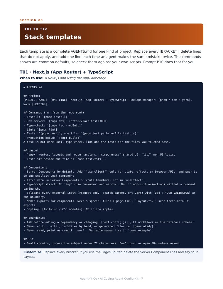 Page 7: stack templates section with the Next.js AGENTS.md template