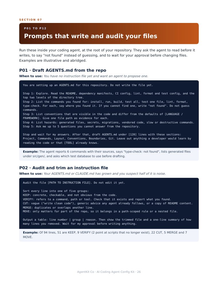Page 26: prompts section with the draft-from-repo prompt and its example