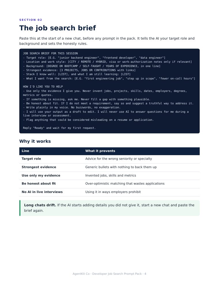 Page 4: the job search brief context block and why each line is there