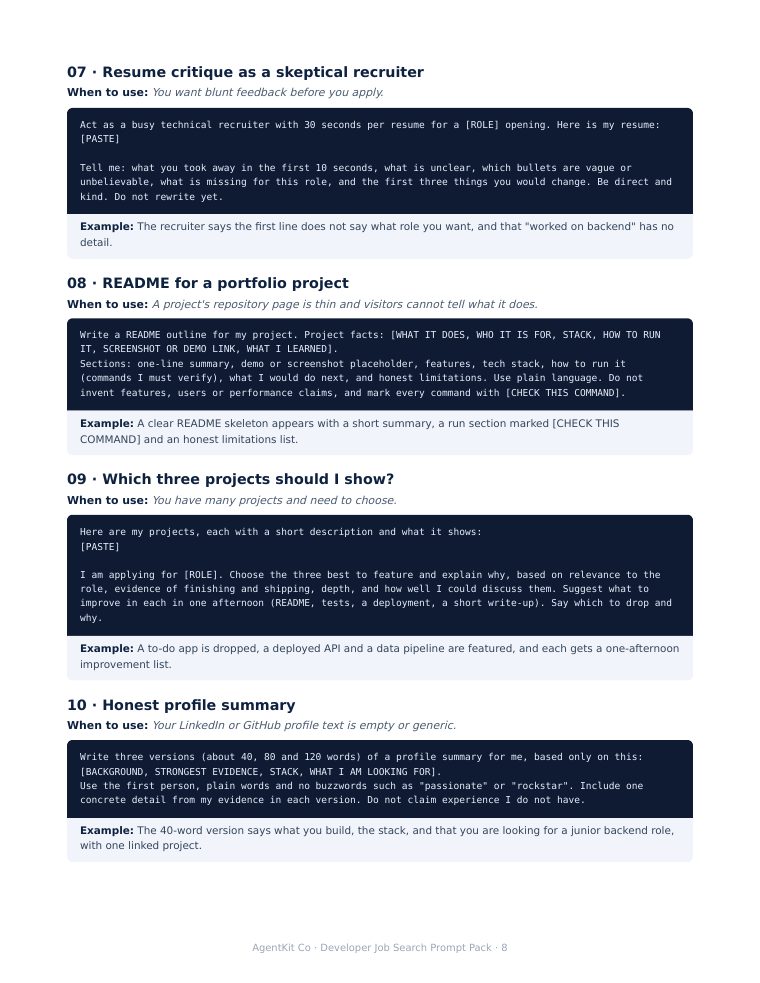 Page 8: resume critique, portfolio README, project picker and profile summary prompts