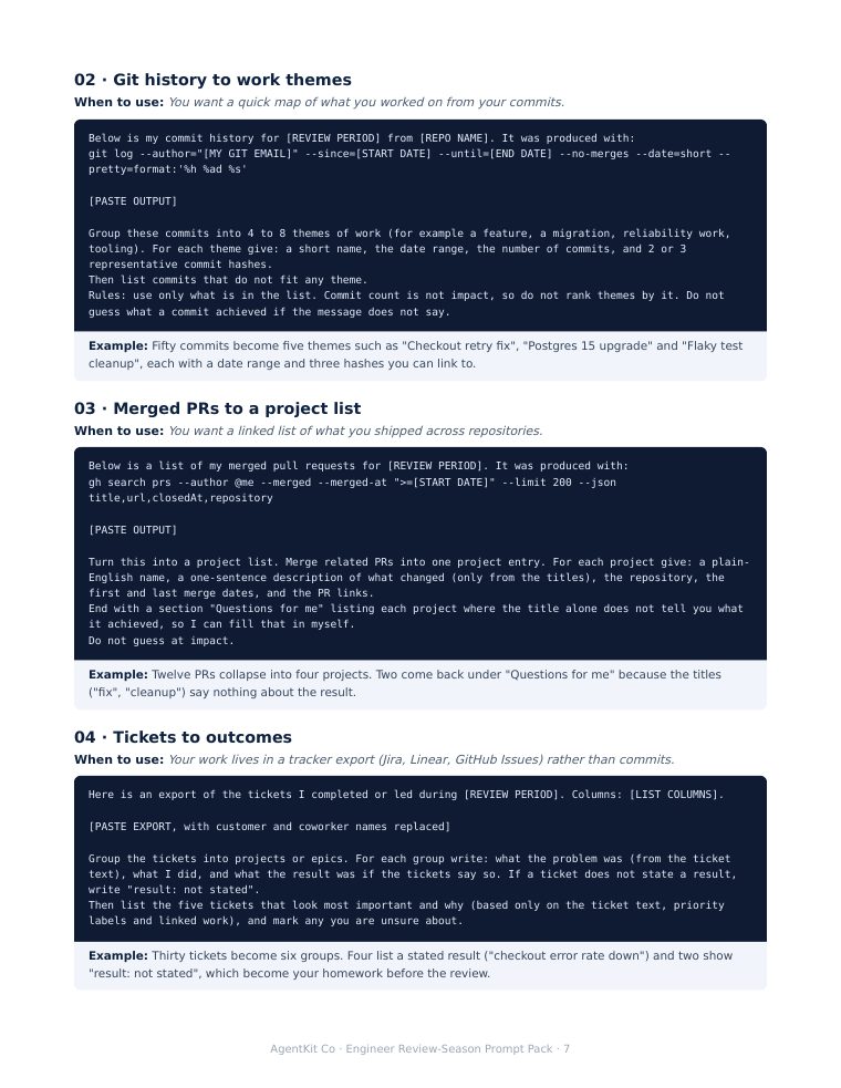 Page 7: prompt 02 turns git history into work themes, with a when-to-use note and example
